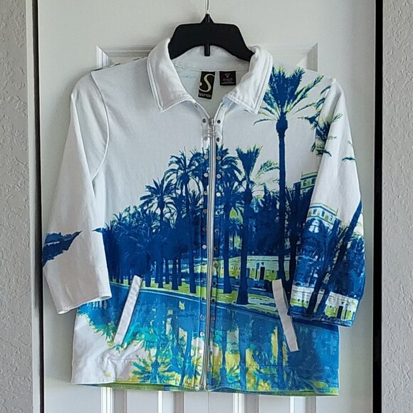 Spartelle 3/4 Sleeve Zip-Up Jacket Palm Tree Print Women's Size M - Picture 1 of 9